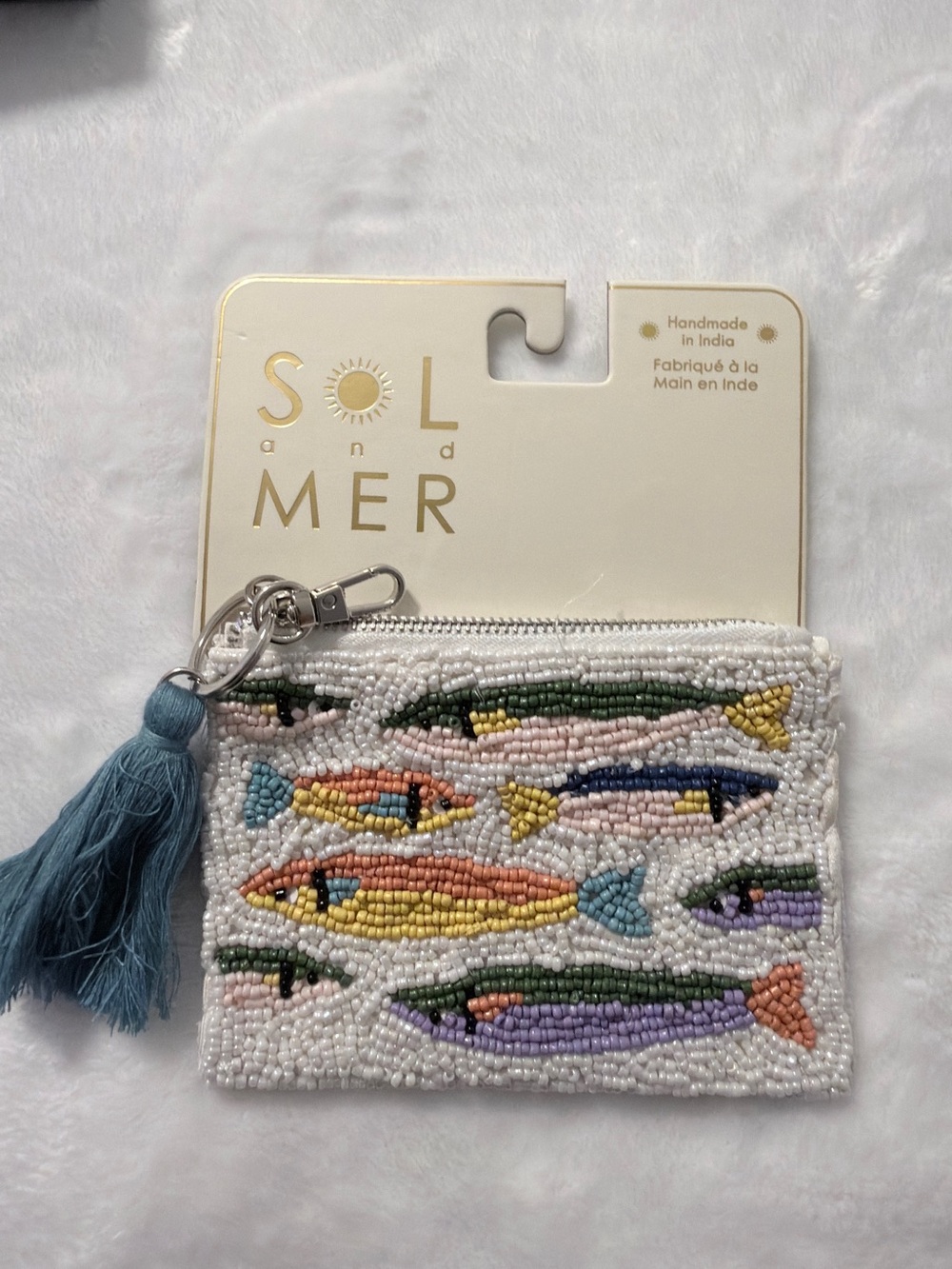 Sol and Mer White Beaded Fish Coin Pouch with Blue Tassel